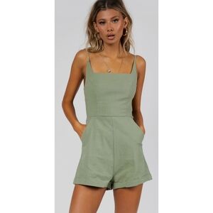 Princess Polly Broken Dreams Romper Sage Green Sleeveless Stretch Square Neck